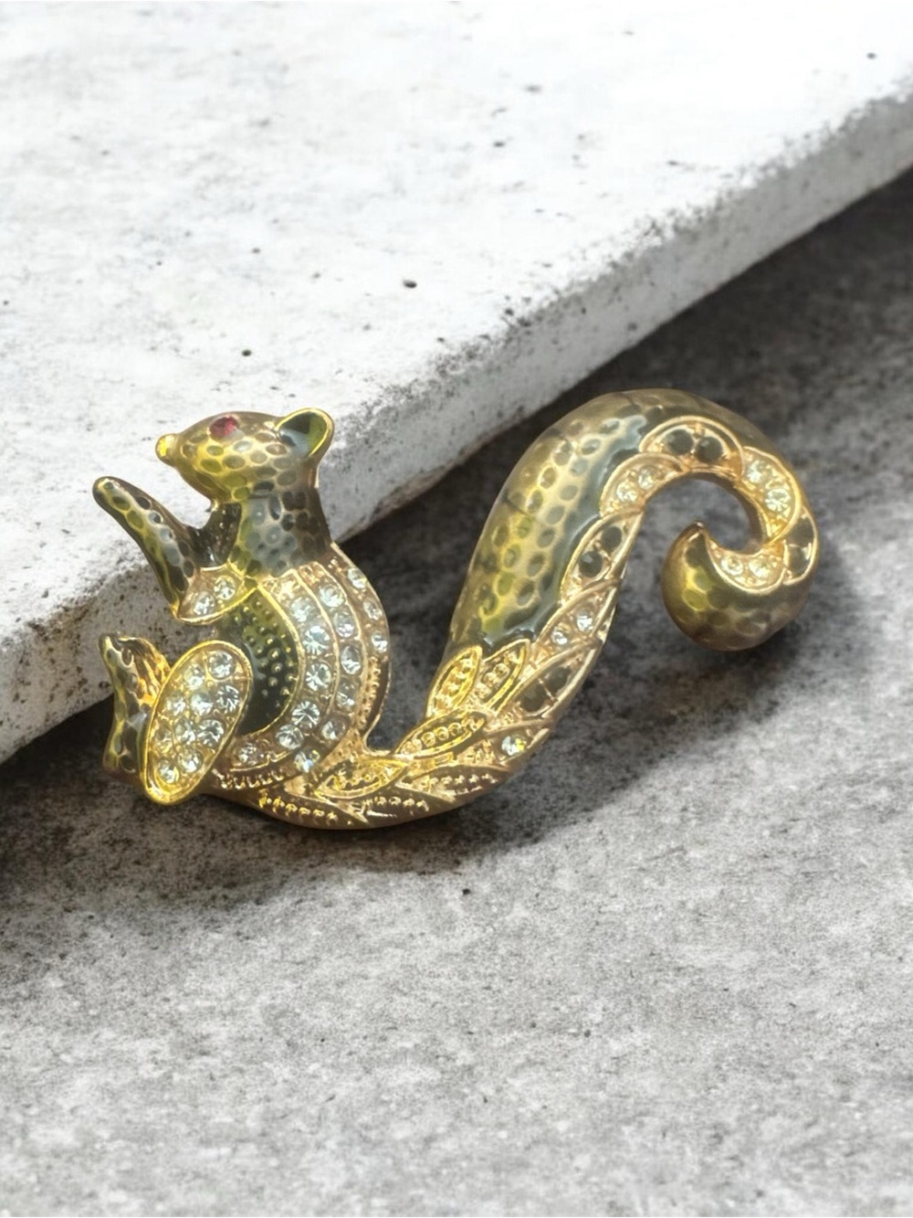 Gold, Black, & Charcoal Crystal Squirrel Brooch